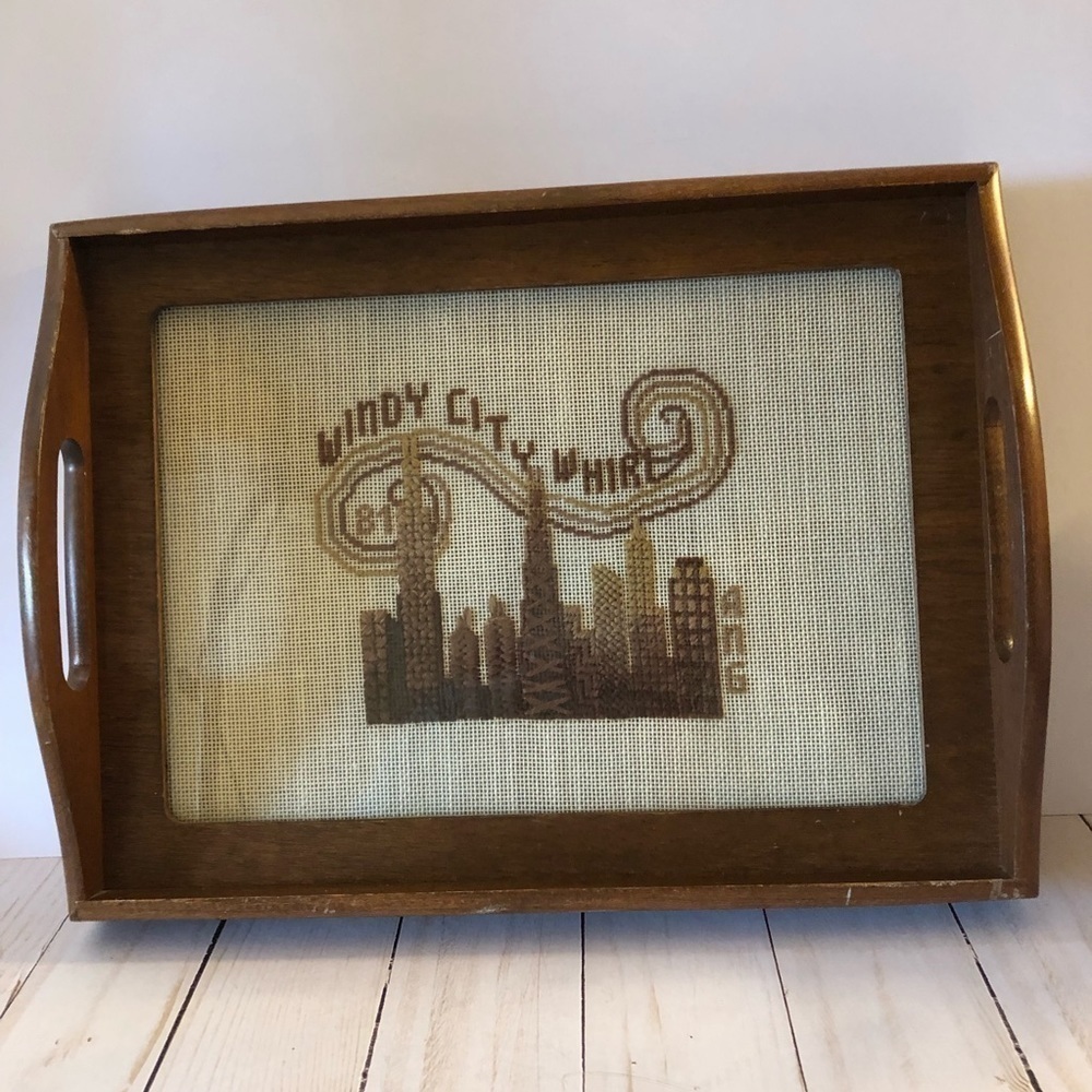 Windy City Chicago Cross Stitc Wood Tray Handmade